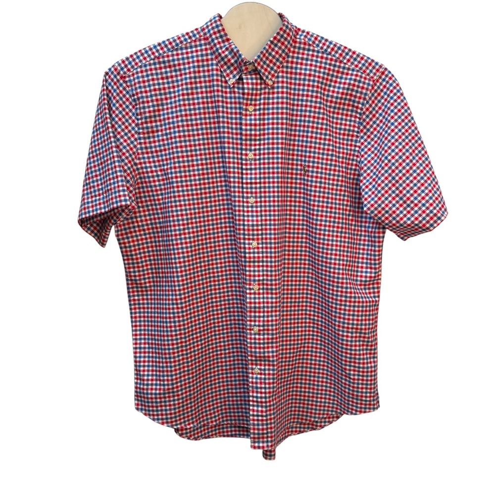 Ralph Lauren Men 2XLT Tall Gingham Short Sleeve Button Down Shirt Red Blue White
